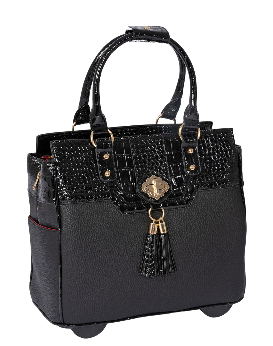 Chic Milano Black Patent Alligator Rolling Laptop Bag | Stylish Briefcase & Work Tote for Professional Women | Fits 13"-17" Laptops