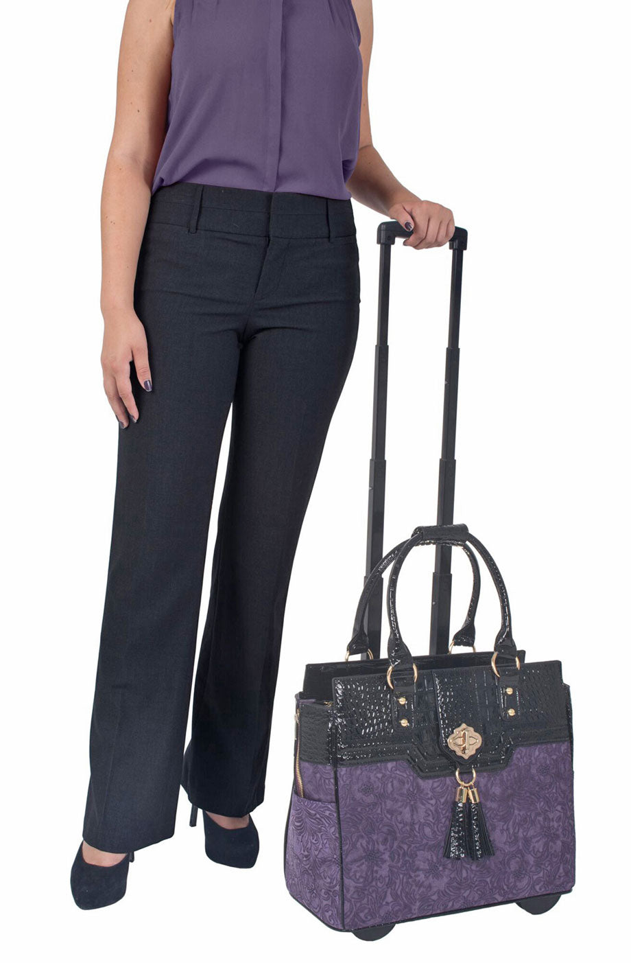 Purple black laptop bag fashion holdall board on carryall tote bag rolling  tote trolley briefcase