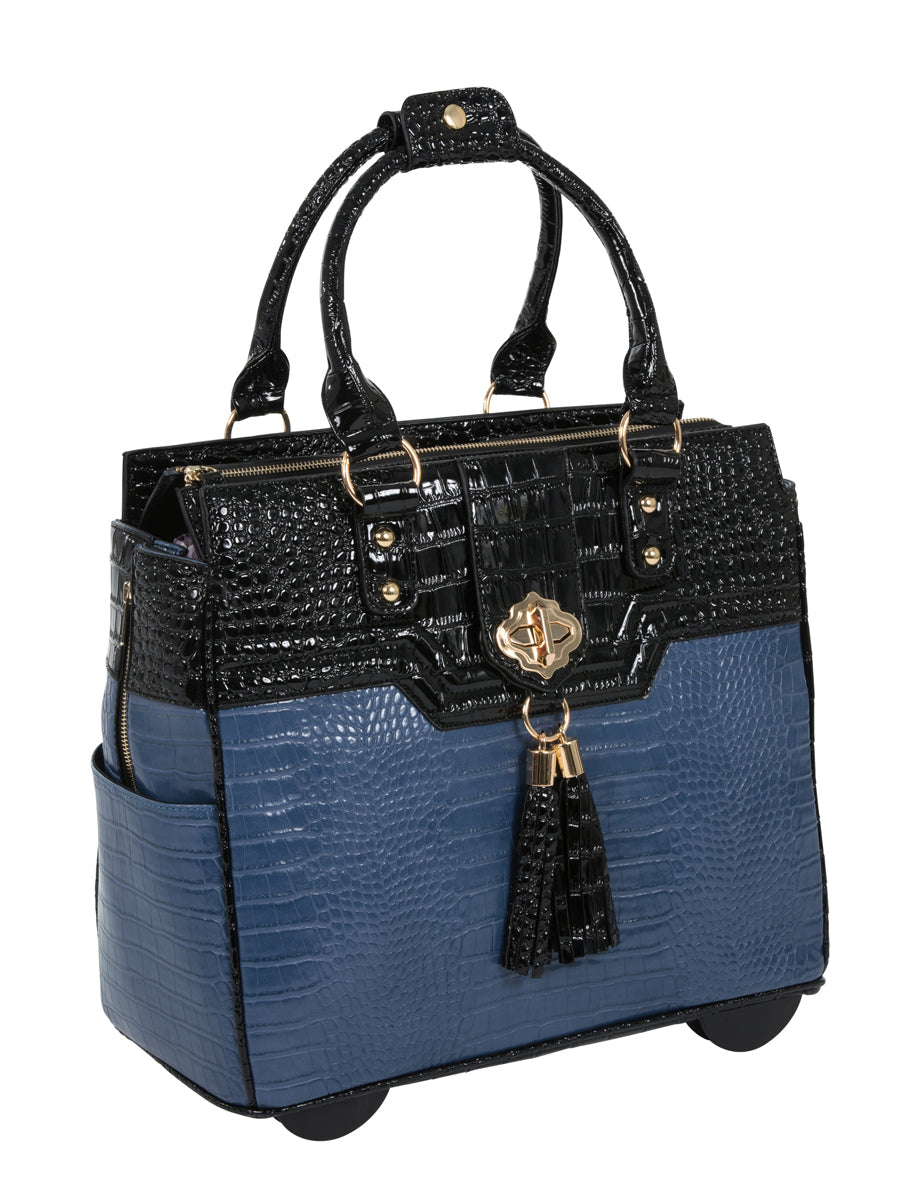 "THE OCEANSIDE" Blue & Black Alligator Rolling 15.6" Laptop Carryall Trolley Bag - JKM and Company - Custom Rolling Handbags