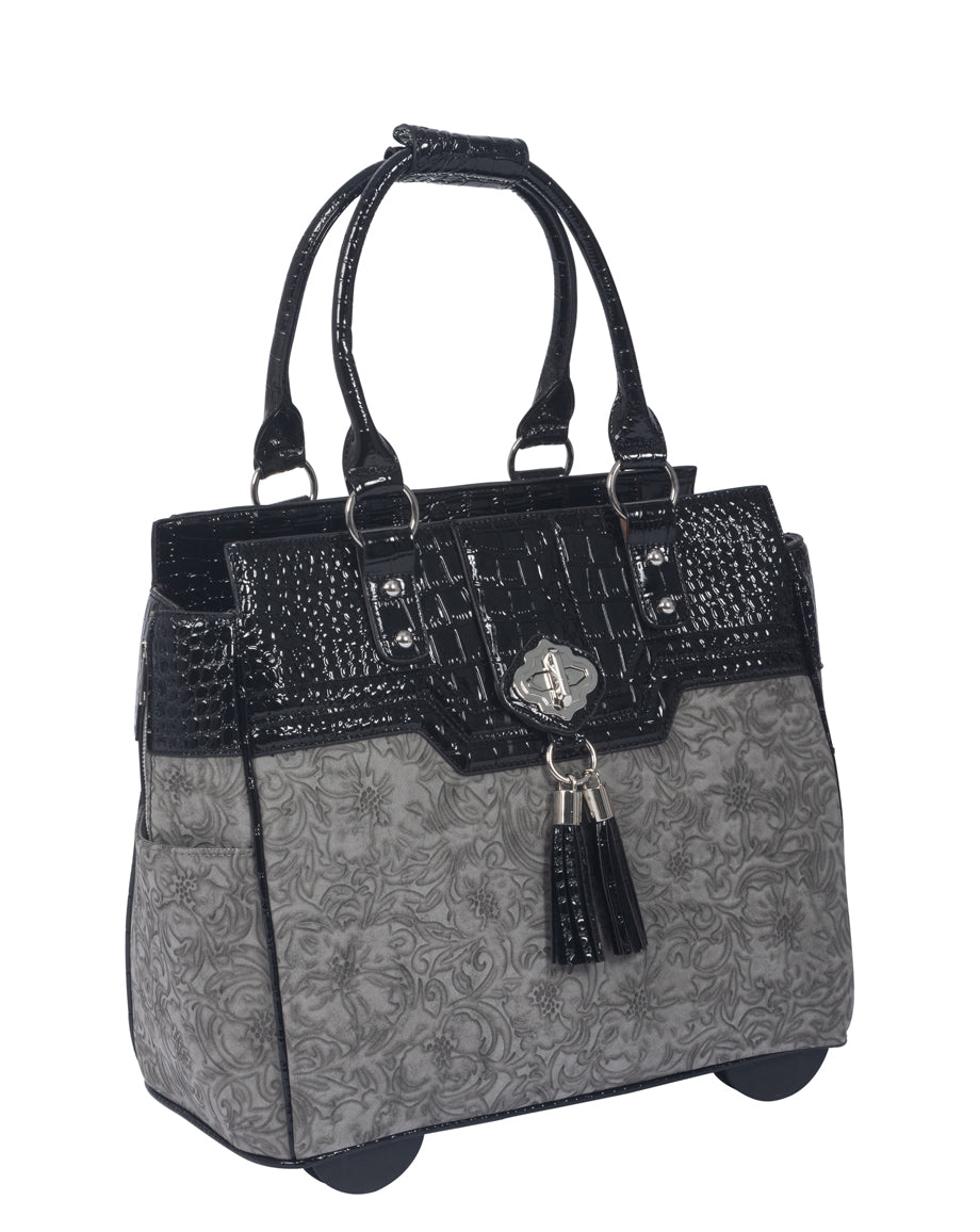 "THE SAVANNAH" Vintage Style Grey & Black Rolling 16" Laptop Carryall Trolley Bag - JKM and Company - Custom Rolling Handbags