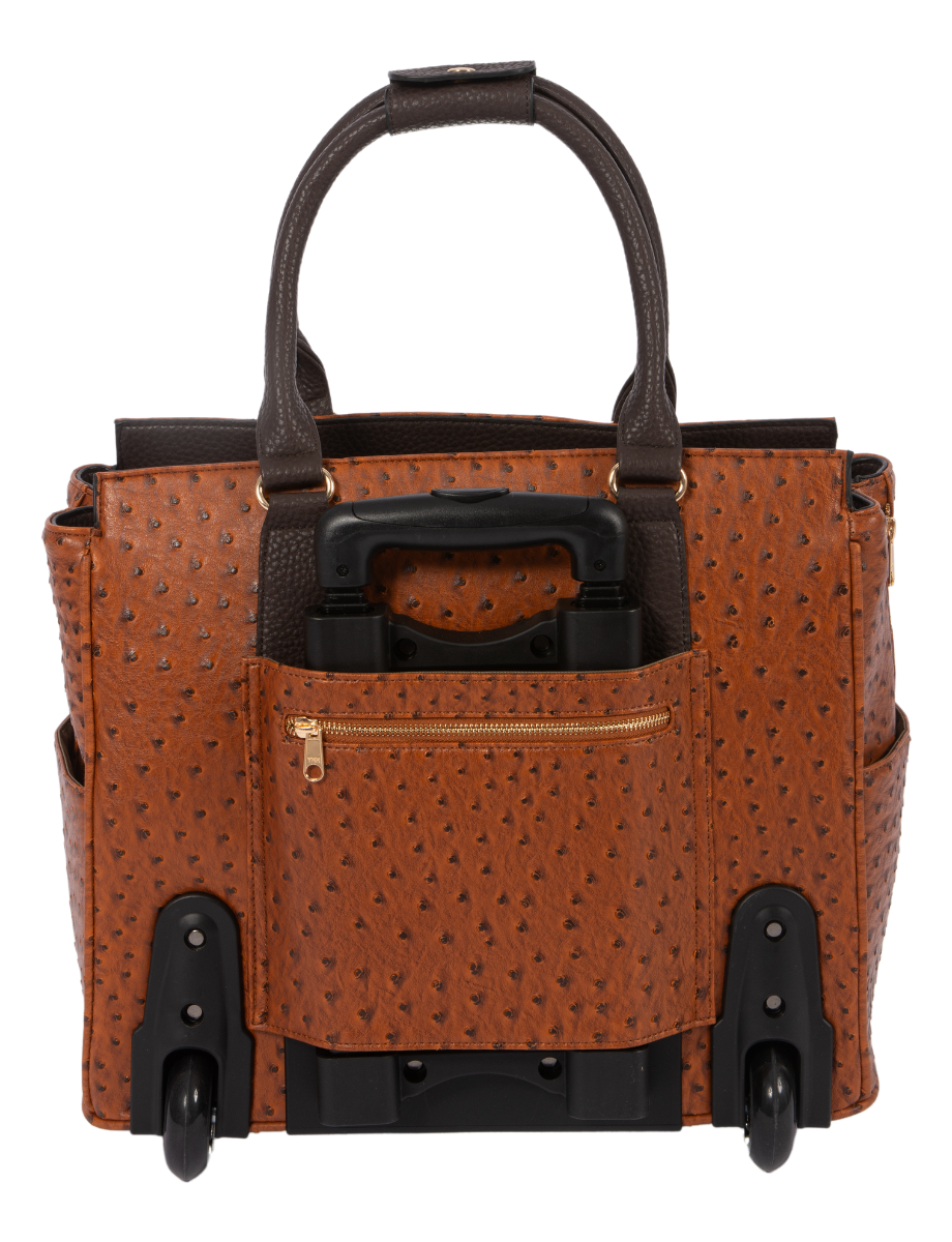 Back view of a luxury ostrich leather tote with smooth wheels and a retractable handle, perfect for use as a carry-on for travel. Offers easy, chic, mobility, making it ideal for business trips or weekend getaways to hold all travel essentials.