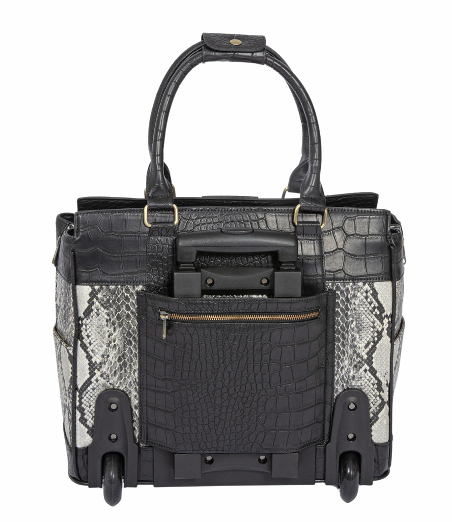 Back view of a rolling laptop bag showing the retractable handle and smooth wheels for easy mobility. Perfect for work, travel, and commuting. Offers convenience and back-saving relief—ideal gift for busy professionals and women on the go.