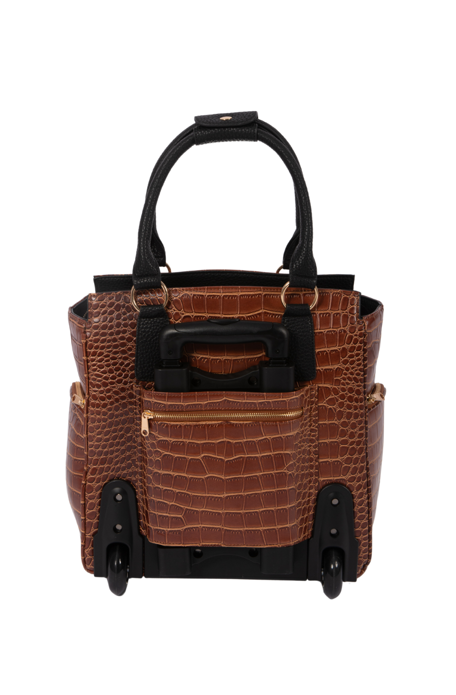 The back of the briefcase for women, showing the retractable handle and back wheels that make it the best rolling laptop bag for women to take the weight of heavy shoulder bags off her back to relieve back and shoulder strain of heavy bulky loads.