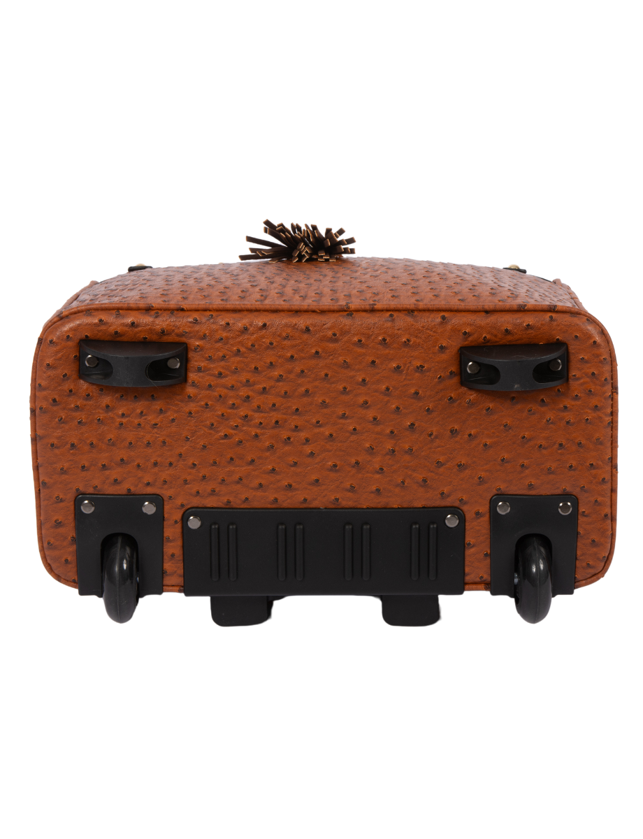 Bottom view of the rolling tote showing two inline back wheels and two front feet for stability. This ladies briefcase is the perfect 17 inch laptop bag that makes ideal birthday gifts for women, gifts for women, or valentines day gifts for her.