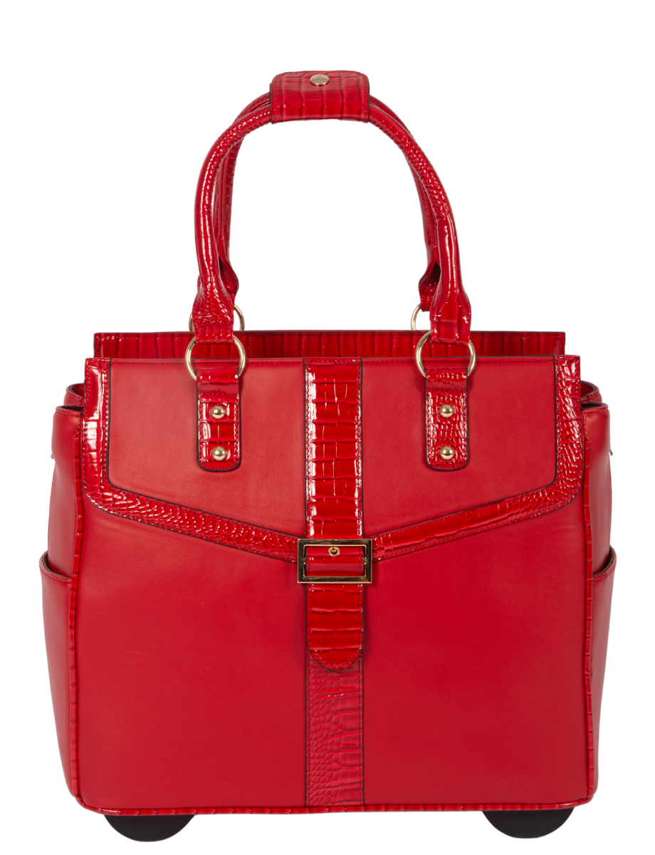 A view of the front of the bag, showing the detailing as well as the front feet that provide stability so the tote bag laptop compartment does not tip over. Perfect as a pregnancy hospital bag, this trendy laptop bag for women has two hand straps that is secured by a snap for an easy carry option. Perfect as a teacher appreciation gift, gift for sister, or gift for boss, this business purse on wheels will keep her looking and feeling like new!