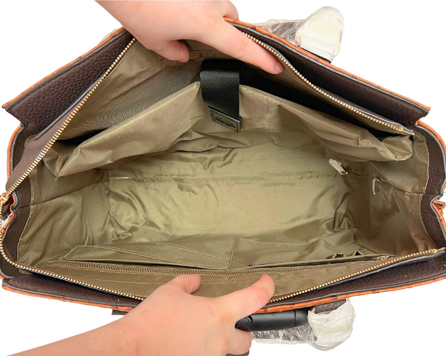 Spacious interior of the bag, with a padded protective built in laptop sleeve that is secured to the interior side of the bag. Perfect for macbook, dell, lenovo, thinkpad, tablet, kindle, and other electronics. Multiple pockets for organization.