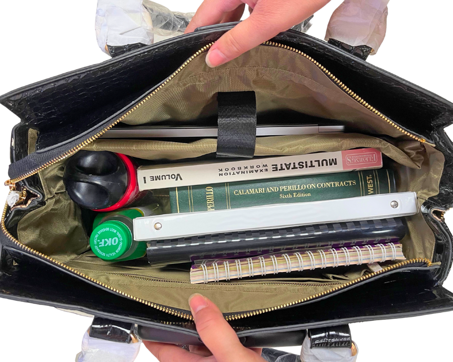 Work and travel essentials fit nicely inside the bag including workbooks, notebooks, textbooks, laptop, ipad, chargers, water bottle, work lunch bag, folders, legal size papers, legal size files, pens, planners, headphones, phones, wallets, keys, and more.