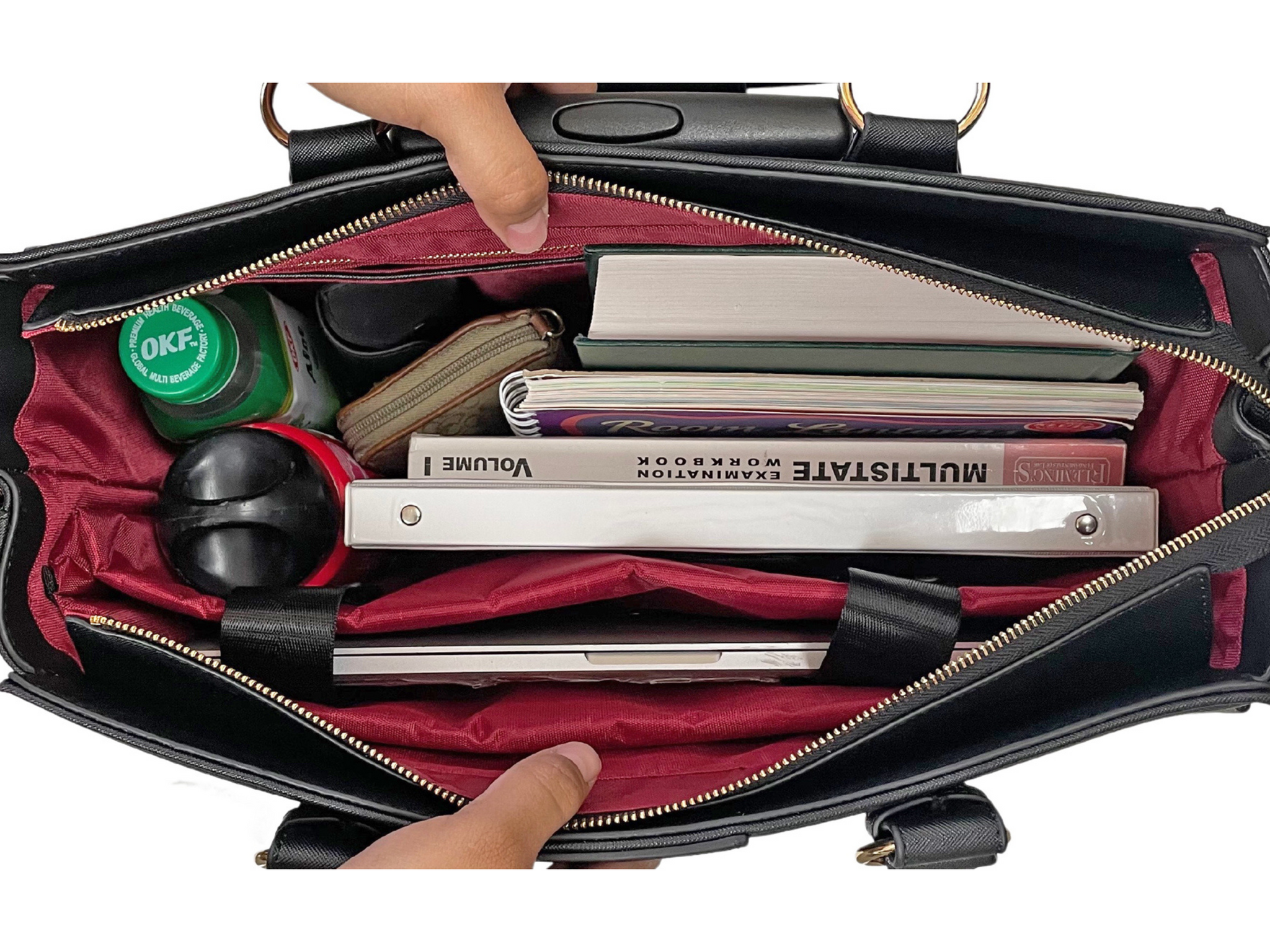 Interior view of the Executive Black rolling work bag filled with a 15.6” laptop, notebook, planner, makeup pouch, and other essentials. Designed for professionals on the go, this sleek tote offers smart organization and effortless rolling for hybrid work, teaching, travel, and business meetings. A perfect gift idea for working women wanting a mobile office without sacrificing style or comfort. Ideal for teachers, professors, lawyers, principals, nurses, doctors, healthcare workers, and more.