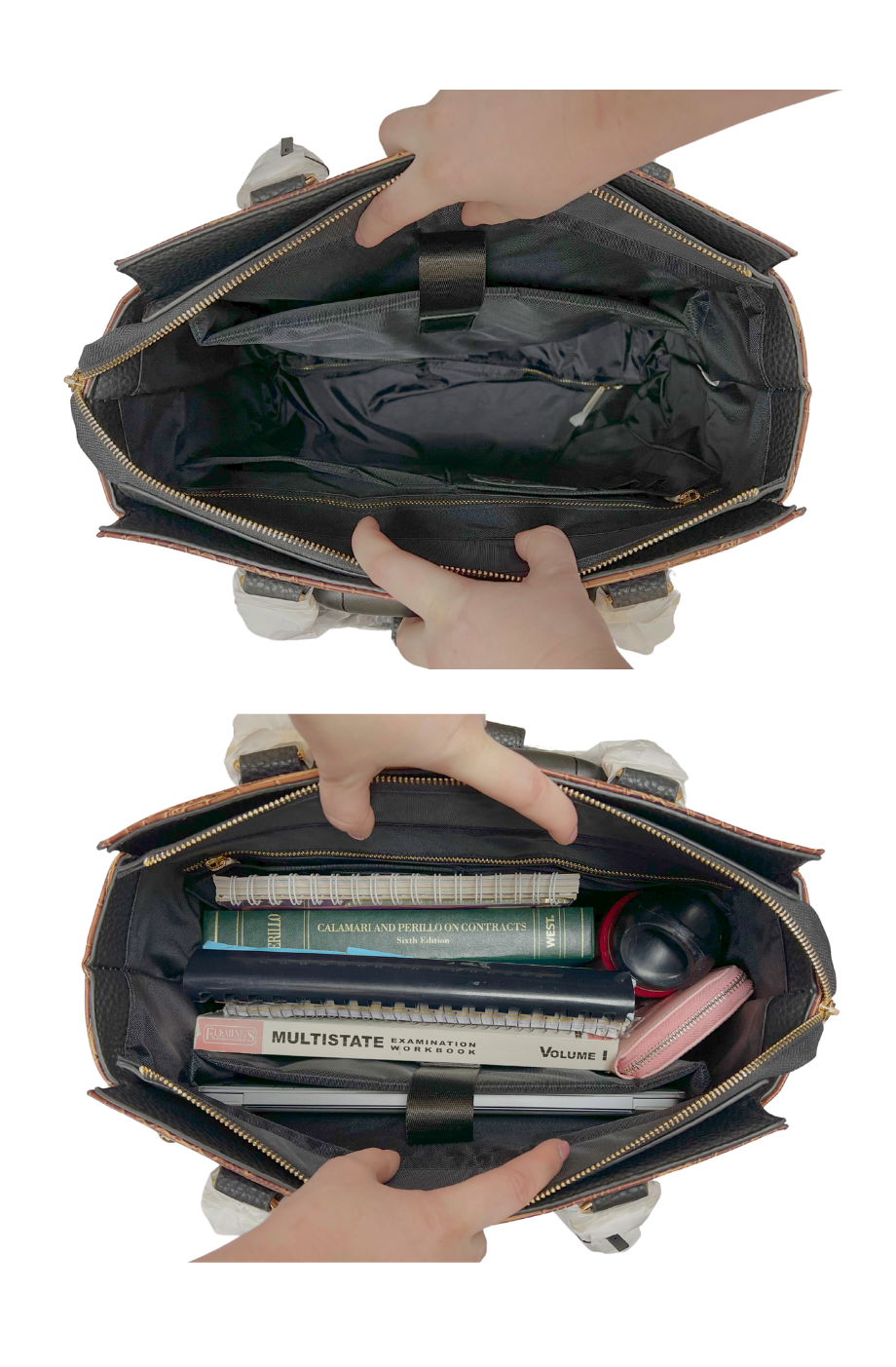Inside of the briefcase for women with wheels shows that although it is a smaller design, the bag is still very spacious with room for all your work and travel essentials. This purse with wheels is the perfect gift for valentines day or mothers day.
