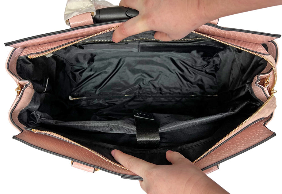 Interior images of the bag showing how it can be filled with notebooks, journals, wallet, water bottle, laptop, textbooks, and pens. Can also hold a lunch bag women or gym equipment to turn it into a gym bag for women.