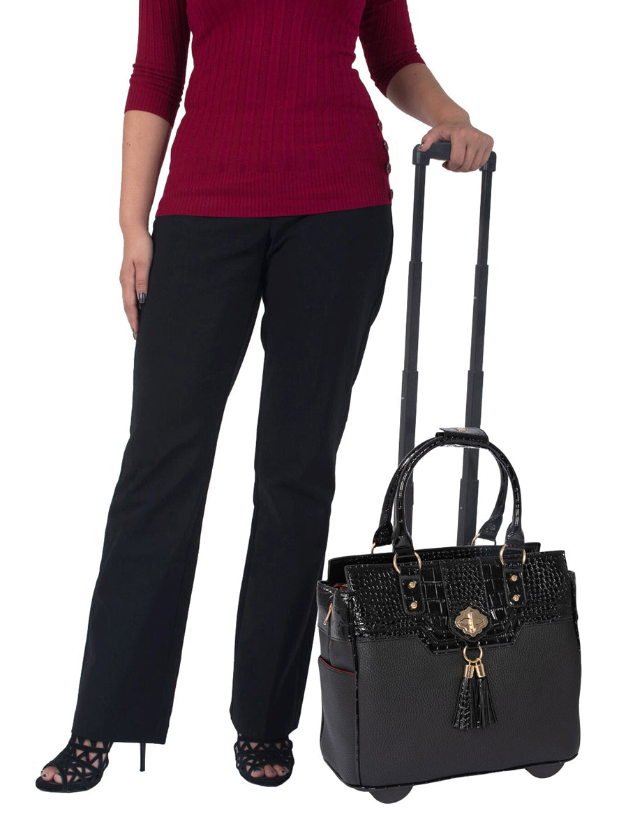 Milano Patent Alligator Rolling Briefcase for Women - Versatile rolling laptop bag, carry-on, luggage, tote, work tote, travel bag, feminine rolling briefcase, chic purse on wheels, hospital bag, and overnight bag for women. Fits 13"-17" laptops.