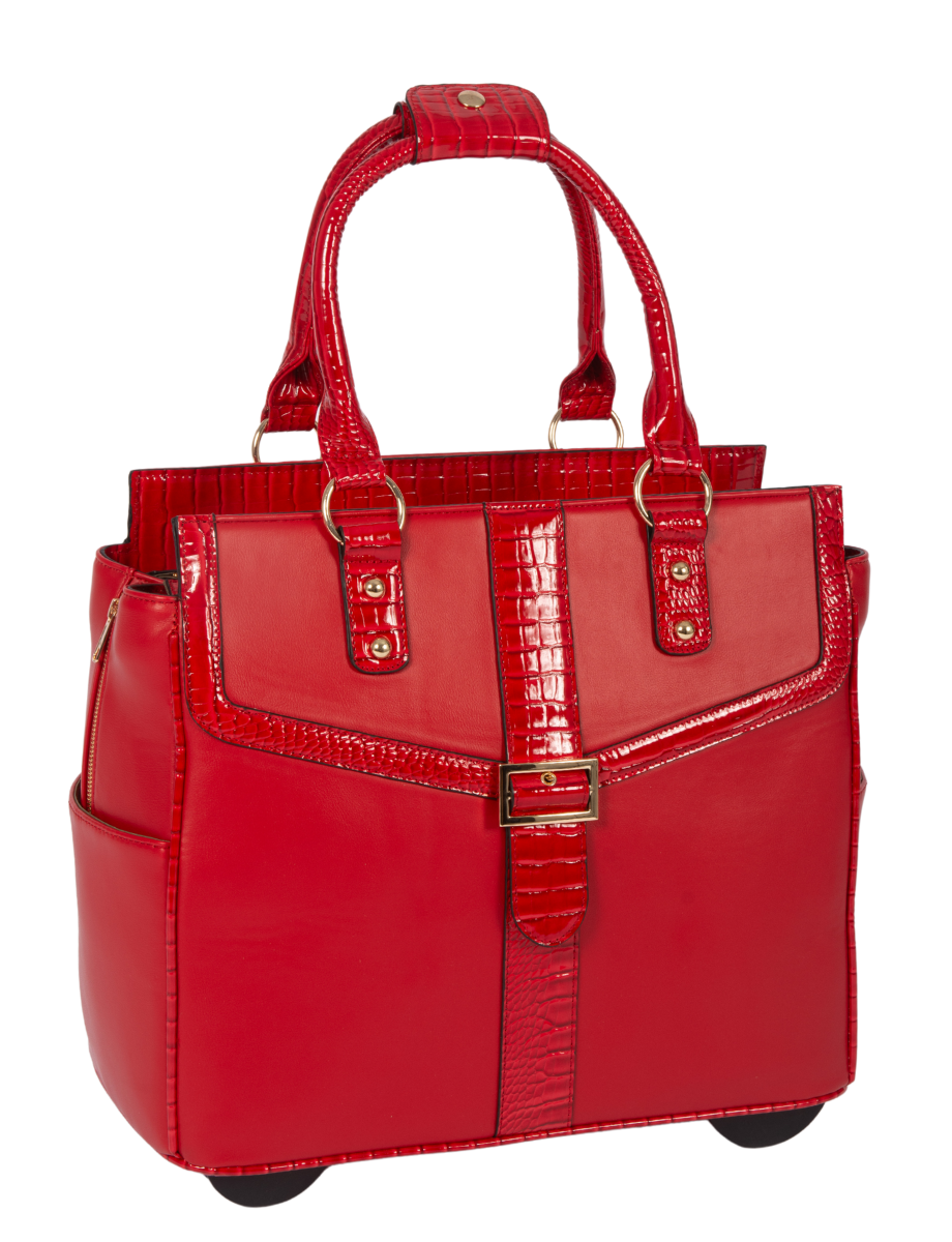 Red patent alligator trim is the highlight on a stylish matte red rolling carry on tote for women. A jazzy gold belt loop decorates the front of the bag and gold studs and gold hoops provide added style. The fabric handles are held together with a snap button for an easy carry option. 