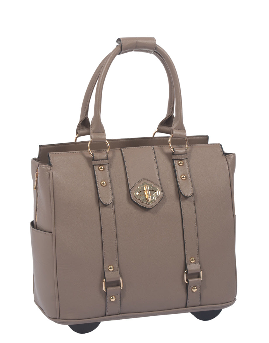A taupe saffiano rolling laptop bag with elegant gold hardware and a chic twist pendant, ideal for minimalist style enthusiasts. This refined bag combines functionality and style, making it a perfect choice for work or travel essentials. This elegant neutral-toned rolling work tote offers a timeless, minimalist design ideal for professionals. Great for daily use at the office or travel, this laptop carry-on bag features a structured silhouette perfect for businesswomen, educators, and commuters.