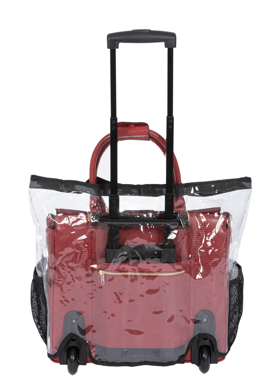 The telescoping handle to roll the bag can easily be accessed by using the back zipper on the rain cover. The cover leaves the wheels exposed so you can staying rolling and on the move! The cover has two mesh side pockets and a top velcro closure.