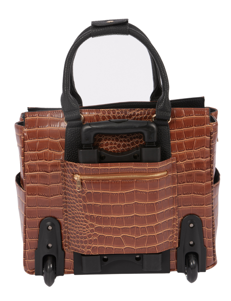 Back of women briefcase bags for work showing the retractable handle, smooth wheels, and back zipper pocket for a phone or wallet. These travel bags for women are perfect for valentines day gifts for women, mom gifts, and self care gifts for women.