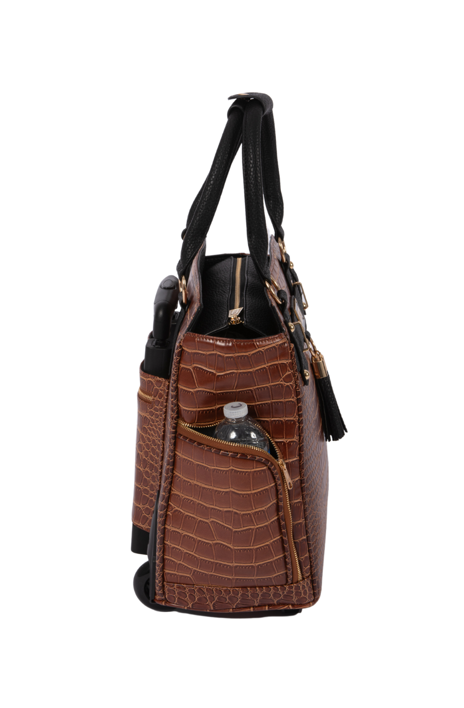 Side view of the Petite Manhattan showing that you can store a water bottle in the side zipper pocket. You can also store a phone, charger, wallet, keys, boarding pass, headphones, or passport in the secure zipper pocket.