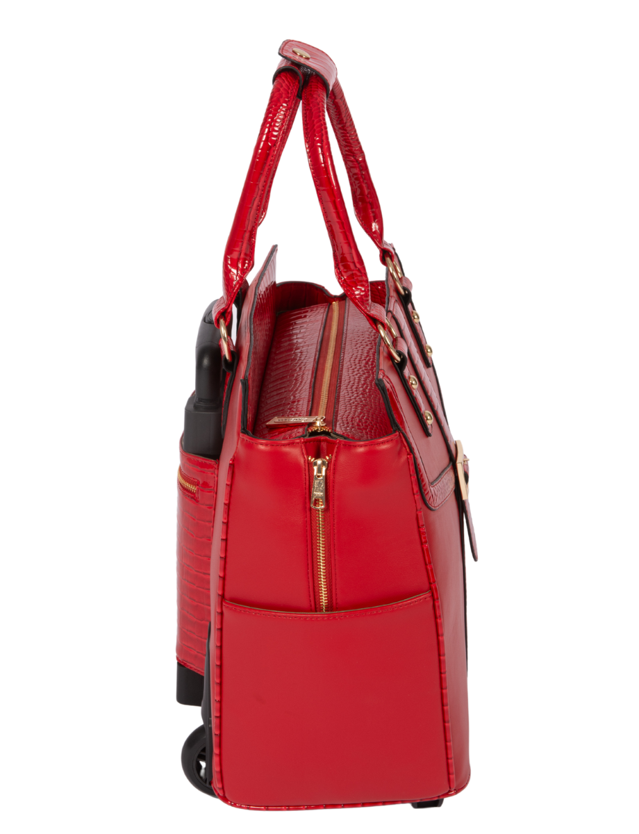 Comparable to a hulken bag large, this large book bag for women or weekender bag with laptop compartment for her has a pocket on each side for easy access to a water bottle, phone, charger, or keys. Each side also has a side zipper for an expandable briefcase option. This view also shows the zipper top of the bag to secure your belongings while you travel or commute to work. 