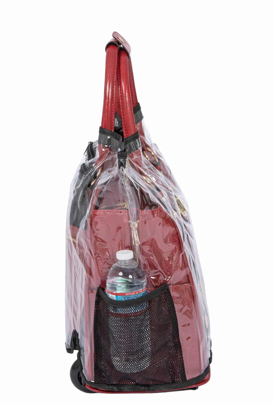 The side of the rain slicker for briefcase wheels women showing one of the two mesh side pockets perfect for holding a water bottle or umbrella. This water resistant luggage cover is ideal for traveling in bad weather so your essentials remain dry.