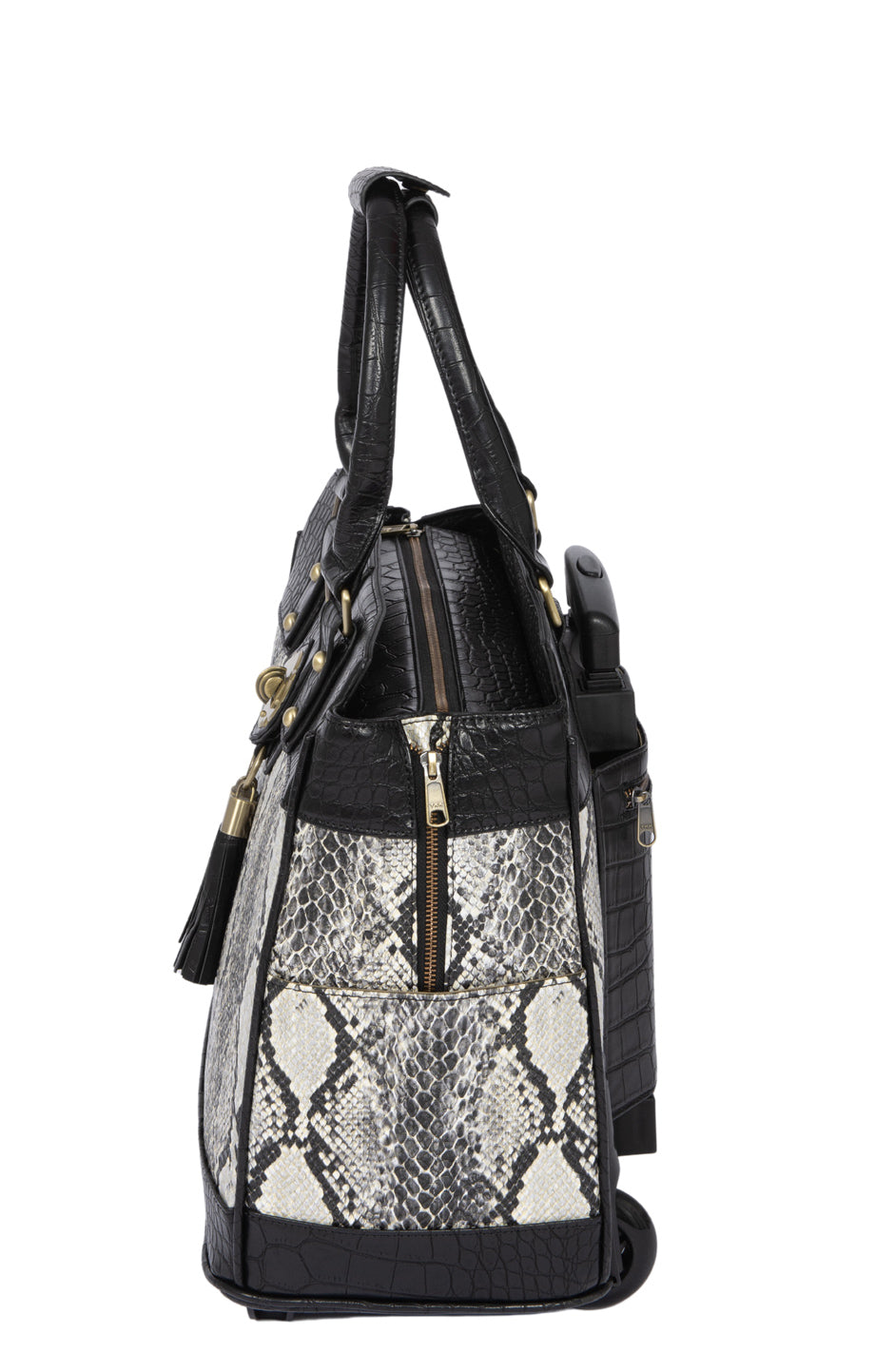 Side view of the Firenze stylish rolling laptop bag for women showing one of 2 side pockets. Versatile rolling briefcase, work tote, carry-on, and chic travel bag. Fits 13, 17 inch laptops. Ideal for business trips and daily use. Stay organized in style!