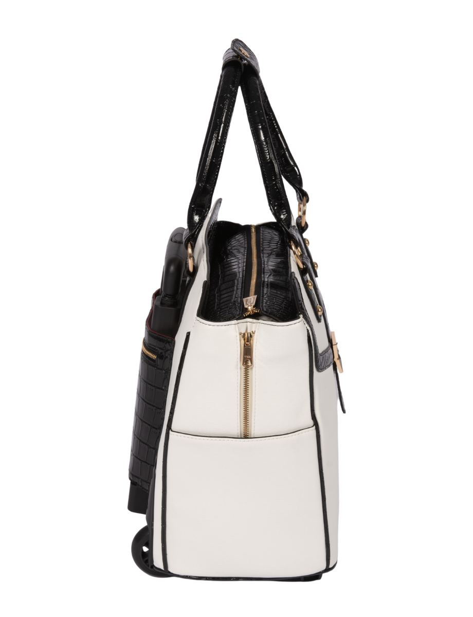 Side profile of a women’s laptop bag on wheels in white and black with croc-trim and deep side pockets and expandable zipper option. This stylish carry-on or weekender with wheels for women is ideal for daily commutes, weekend trips, or conventions. Use it as a nursing school bag, flight attendant roller bag, or fashionable laptop rolling briefcase. A great gift for her, this travel tote with wheels helps eliminate shoulder strain by putting your essentials on wheels and adds effortless style.