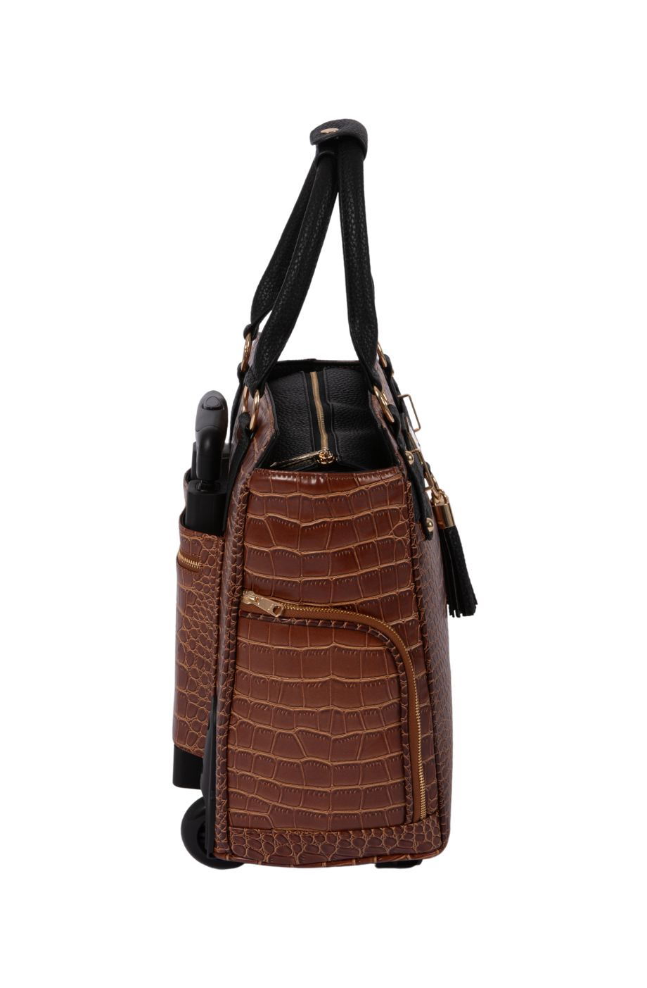 Side view of the briefcase for women shows one of the two zipper side pockets on either side of the bag. This photo also shows the main compartment with zipper of the rolling briefcase for women for work. The hand straps have a snap panel to attach.