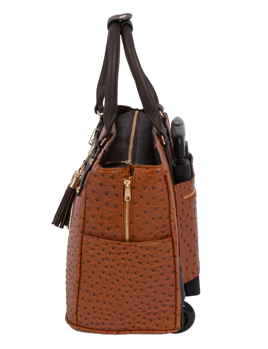 Side view of The Uptown imitation ostrich leather rolling briefcase showing sturdy front feet to prevent tipping and smooth back wheels for easy mobility. Designed for stability and convenience, this bag is perfect for travel and business use.