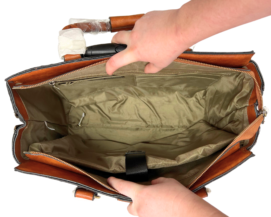 Interior of a laptop bag 17 inch that can fit a macbook pro air 13 or macbook pro 16 inch or ipad 12.9 inch. Perfect as office bags, briefcase, travel bag, weekend bag, duffle bag, and gift for her.