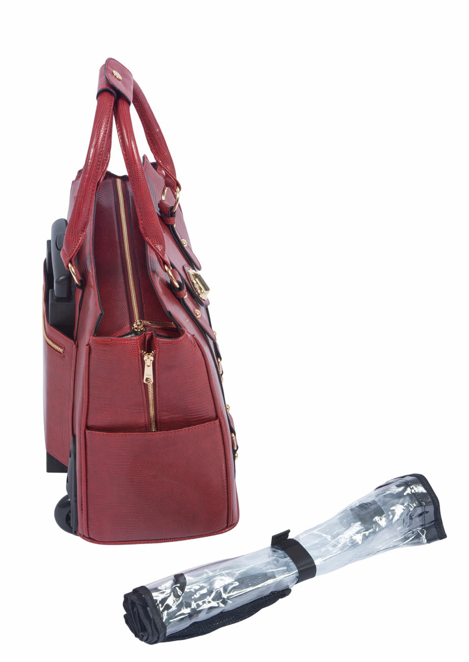 The suitcase cover customized to fit our rolling laptop bags can seamlessly roll up to store easily and is secured with a black velcro strap. Stay organized and on the go even in rough weather conditions like rain, snow, sleet, mud, dirt, or gravel.