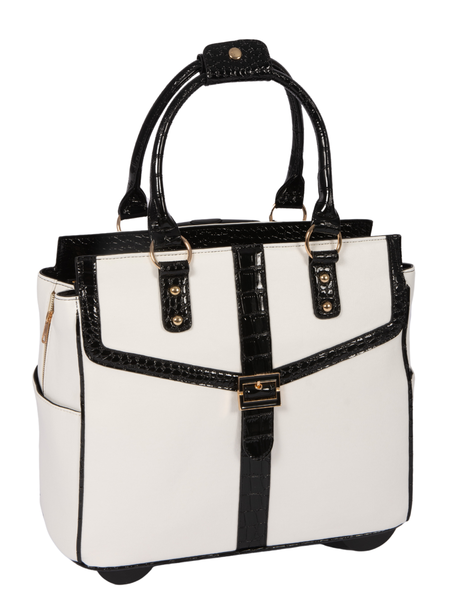 The Starlet | Women's White & Black Rolling Laptop Bag | Wheeled Briefcase Travel Tote | Fits 13