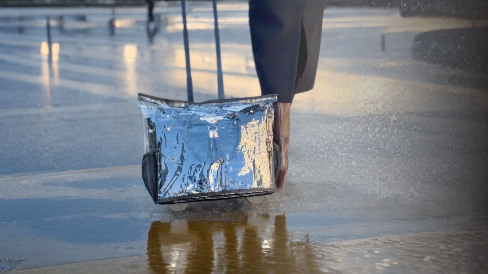 A businesswoman walks down a rainy sidewalk with puddles on her commute to work. She rolls her rolling briefcase for women with laptop compartment that is protected with a custom rain cover designed to keep rain mud and snow off the bag. The protective cover is clear so the stylish luxury bag can still be seen.