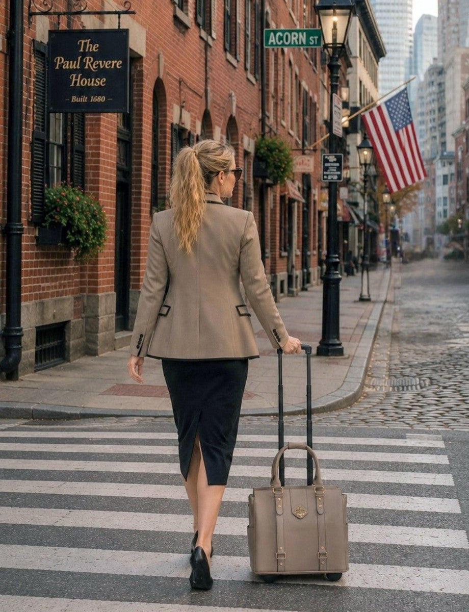 Executive Taupe rolling laptop bag for women — taupe saffiano faux leather rolling briefcase with gold-tone hardware, ships to Australia