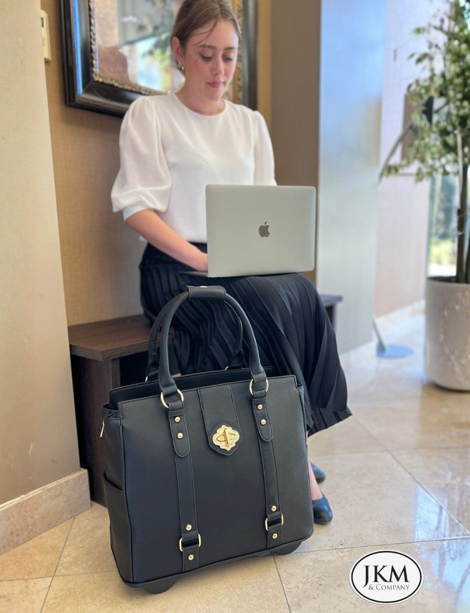 Executive Black rolling laptop bag for women — black saffiano faux leather rolling briefcase with gold-tone hardware, ships to Australia