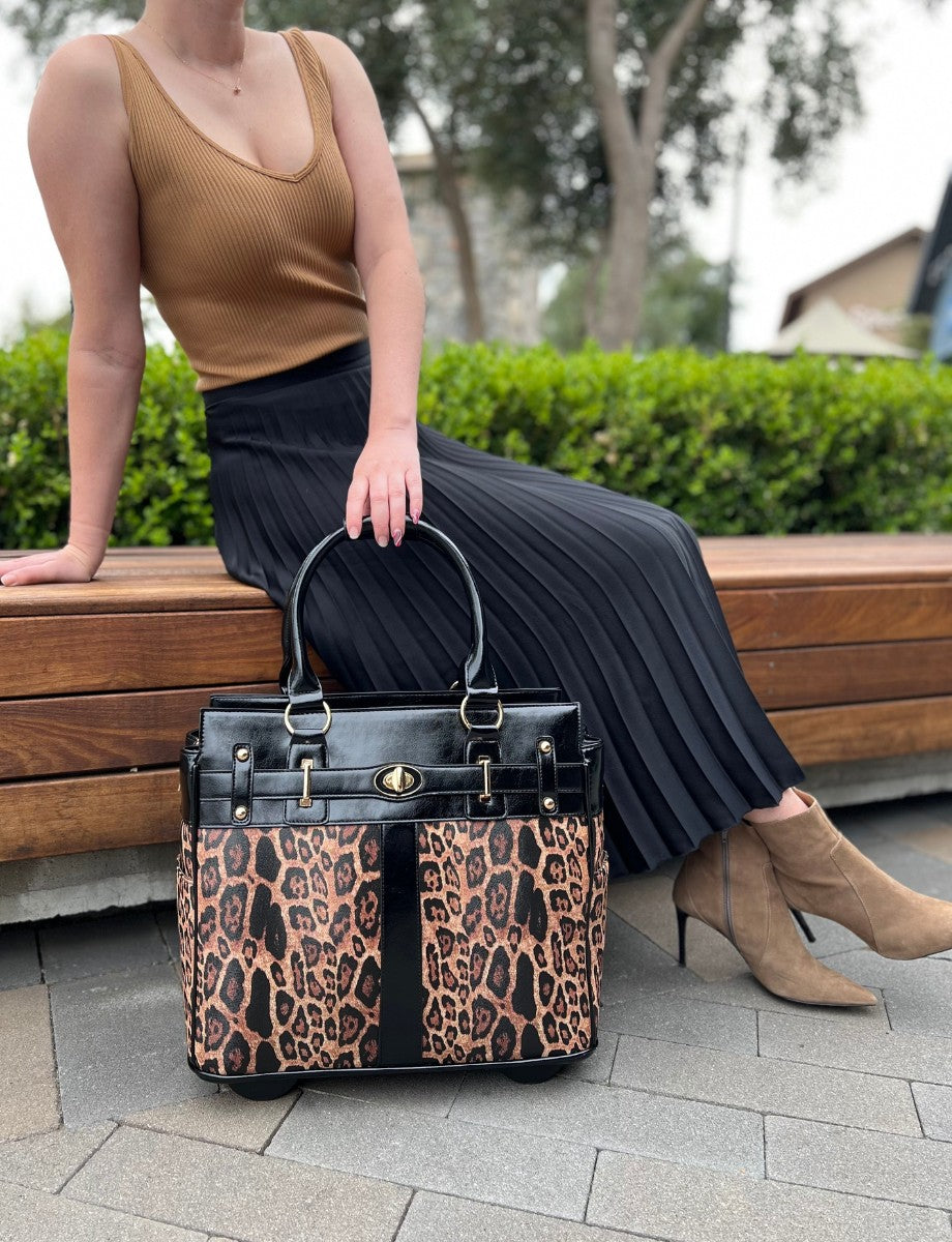 London Leopard rolling laptop bag for women — bold leopard print faux leather rolling briefcase named for London, ships to the UK