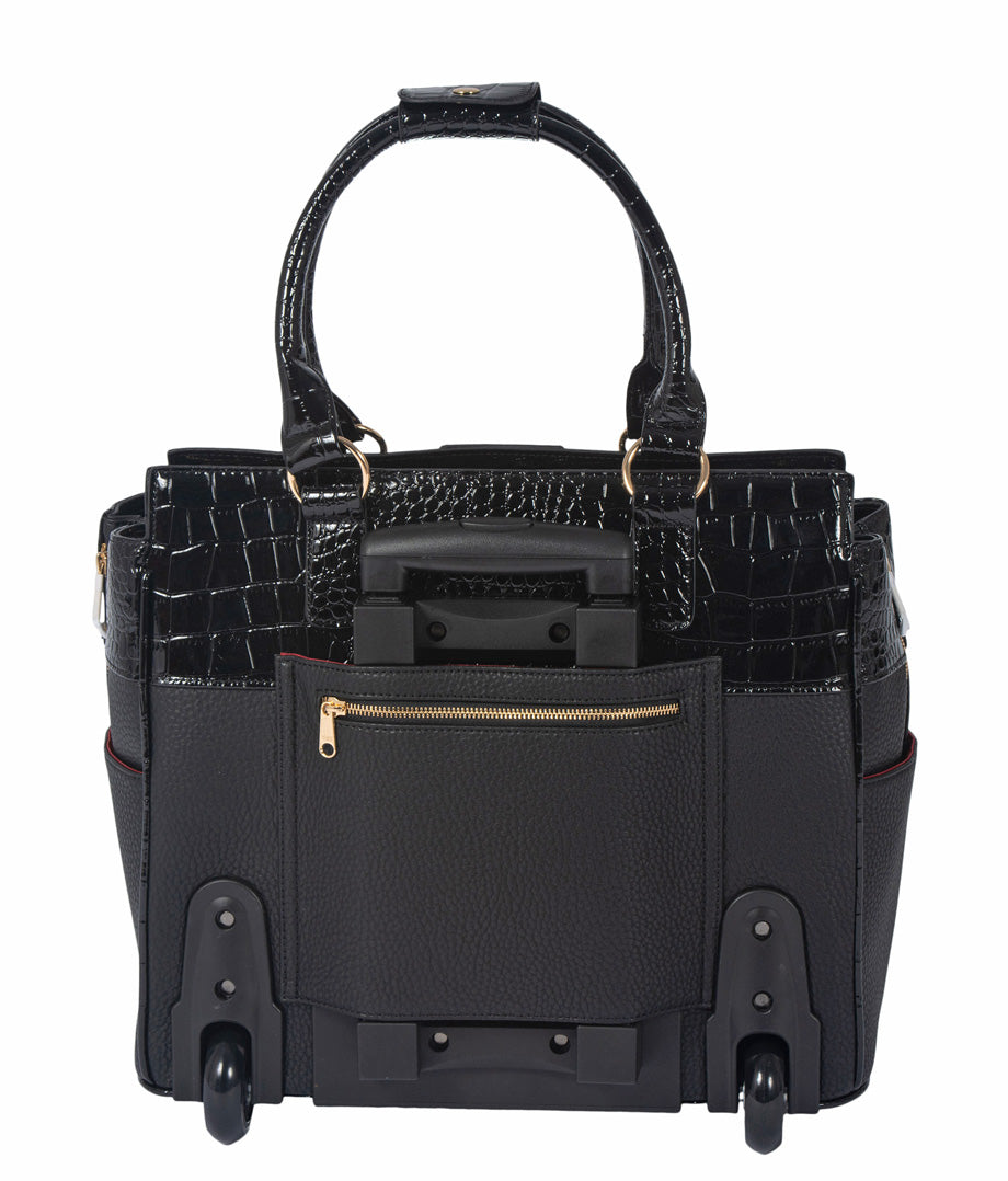 Back view, featuring a sturdy telescoping handle for smooth rolling and durable wheels. This stylish design is ideal for work and travel, making it one of the best computer rolling bags for laptops for women seeking convenience and elegance.