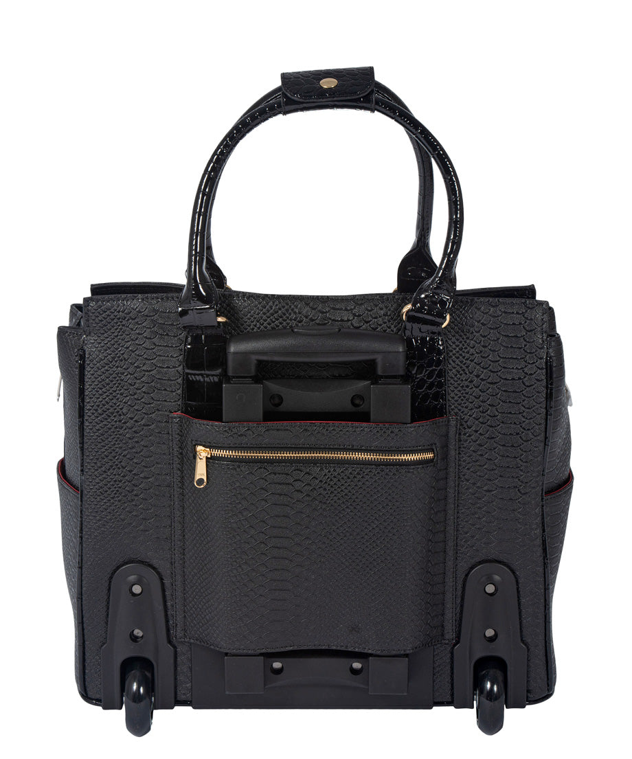 Back view of the durable bag featuring smooth wheels and a telescoping handle cleverly tucked behind a hidden cell phone pocket. Ideal for busy lifestyles, this 17 laptop  bag makes a thoughtful gift for a girlfriend for christmas 2024.