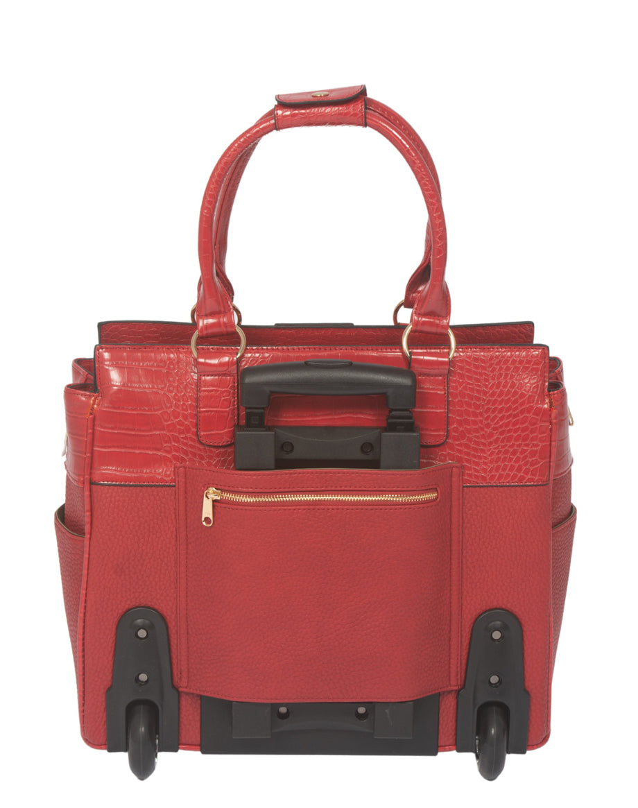 The back of the red tote bag for women, showing the retractable handle, back wheels, and back zipper pocket. This faux red leather bag is the perfect bag teacher, tote for 16 inch laptop, and it is ideal for modern chic home office essentials 2021.