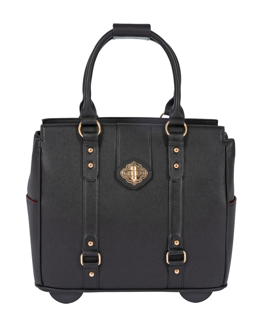 Elegant black rolling laptop bag made with durable saffiano-style vegan leather, shown from the front at an angle. Designed for stylish professionals, this structured work bag with wheels includes gold-tone hardware and a twist-lock closure. Ideal for lawyers, teachers or business travelers who need a carry-on to combines fashion and function. Easily fits in the overhead compartment of most airlines and has all-terrain wheels to roll smoothly and quietly on uneven surfaces or weather conditions.