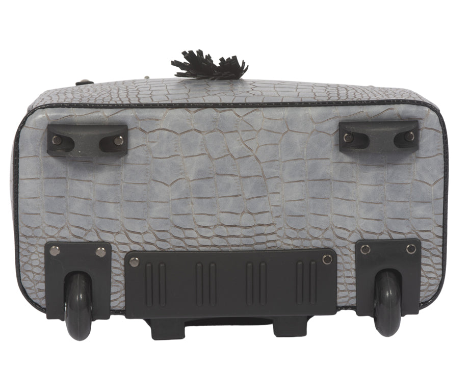 Bottom view of the rolling briefcase with wheels, showcasing two front feet for stability and two back wheels for easy mobility. This laptop bag lightweight ensures effortless transport while keeping your essentials secure and organized.