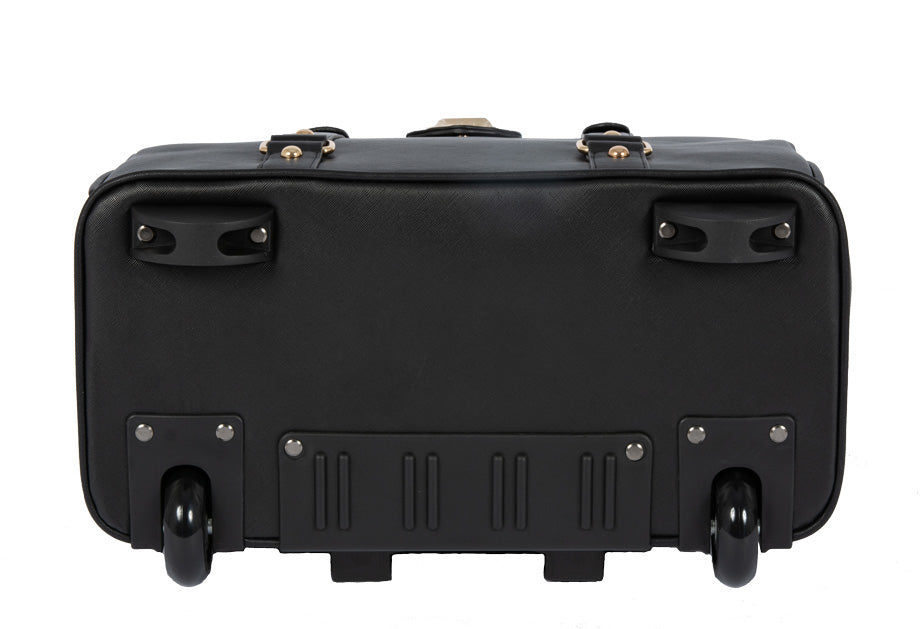 Close-up image of the bottom of the Executive Black tote. Its smooth-glide wheels and reinforced base are designed for durability, comfort, and daily use. This wheeled laptop bag for women rolls easily over pavement, carpet, or tile making it ideal for commuting, airports, and office buildings. Built to reduce shoulder and neck strain while offering a stylish, professional look with practical, travel-friendly features. Perfect for airplane or train trips and it's the perfect size for a carry on.
