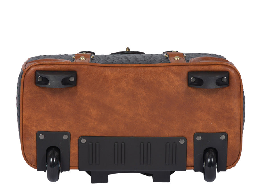 Bottom view of the bag showing two front feet for stability so the bag does not tip over and two back wheels to move easily. It seamlessly fits macbook and ipad and makes a perfect graduation gift or valentine gift for her.