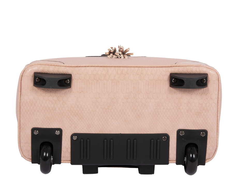 A bottom view of the bag, showing two front feet to prevent bag tipping and two smooth back wheels to keep you on the go. It is the perfect tote bag for women work, as a hospital bag for women labor delivery, or even as a travel makeup bag.
