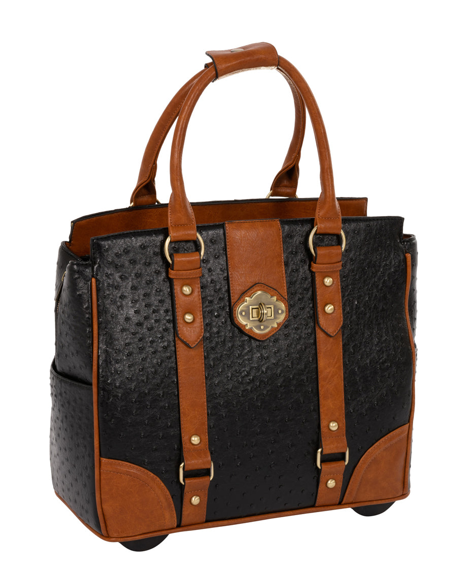 The perfect blend of style and functionality, our rolling office bag is designed for the modern professional. This versatile laptop bag with wheels doubles as a chic work tote, complete with an elegant ostrich-inspired design.