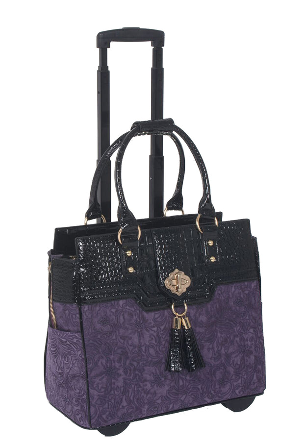"THE CONTESSA" Purple & Alligator Rolling 15.6" Laptop Carryall Trolley Bag - JKM and Company - Custom Rolling Handbags