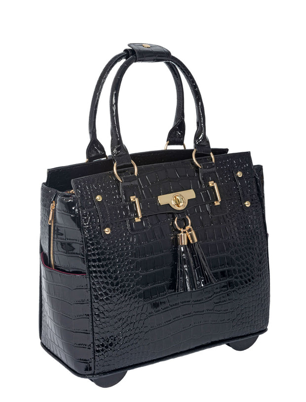 "THE COSMOPOLITAN" Patent Alligator Rolling  iPad, Tablet or Laptop Tote Carryall Bag - JKM and Company - Custom Rolling Handbags