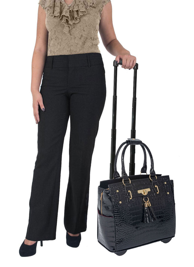 "THE COSMOPOLITAN" Patent Alligator Rolling  iPad, Tablet or Laptop Tote Carryall Bag - JKM and Company - Custom Rolling Handbags