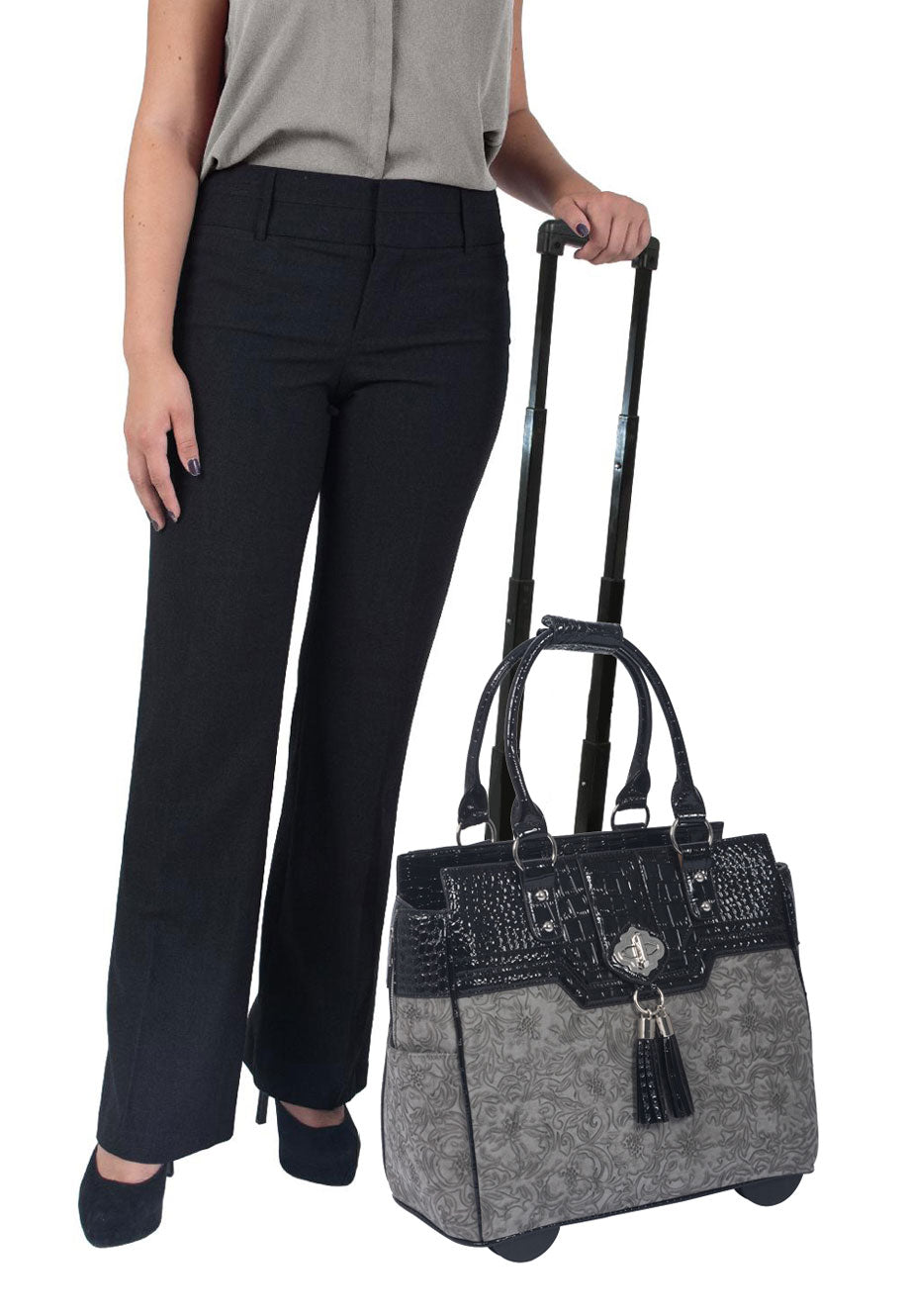 "THE SAVANNAH" Vintage Style Grey & Black Rolling Laptop Carryall Trolley Bag - JKM and Company - Custom Rolling Handbags