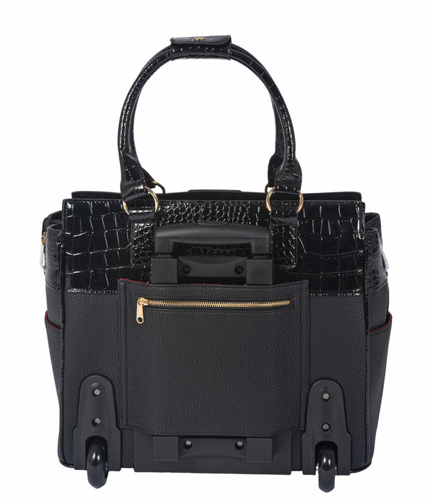 "THE MILANO" Black & Alligator Rolling Laptop Carryall Trolley Bag - JKM and Company - Custom Rolling Handbags