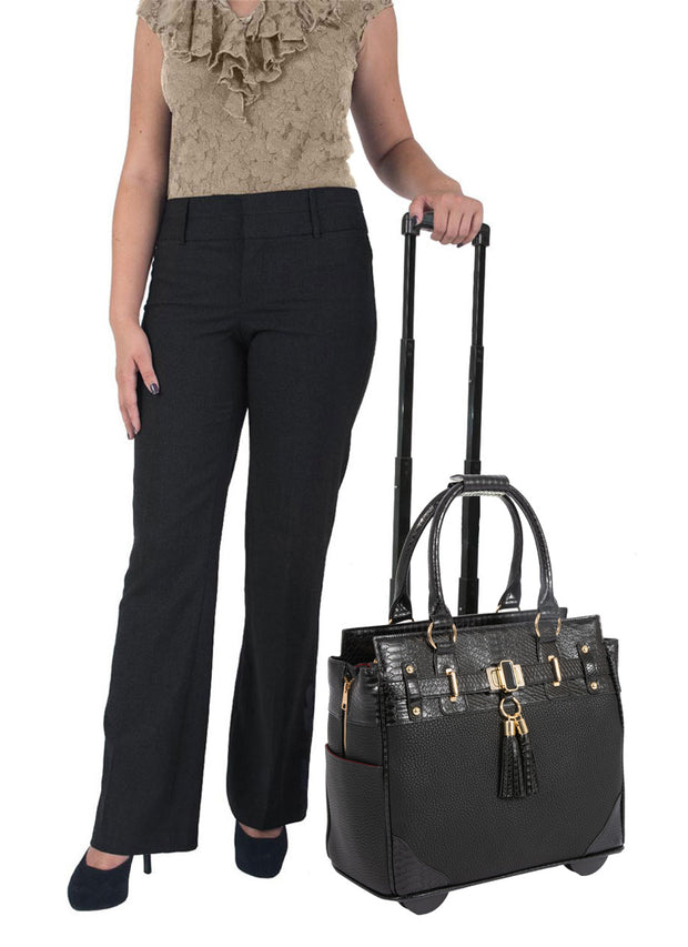 "THE MONTREAL" Black Python Rolling iPad, Tablet Laptop Tote Carryall Bag