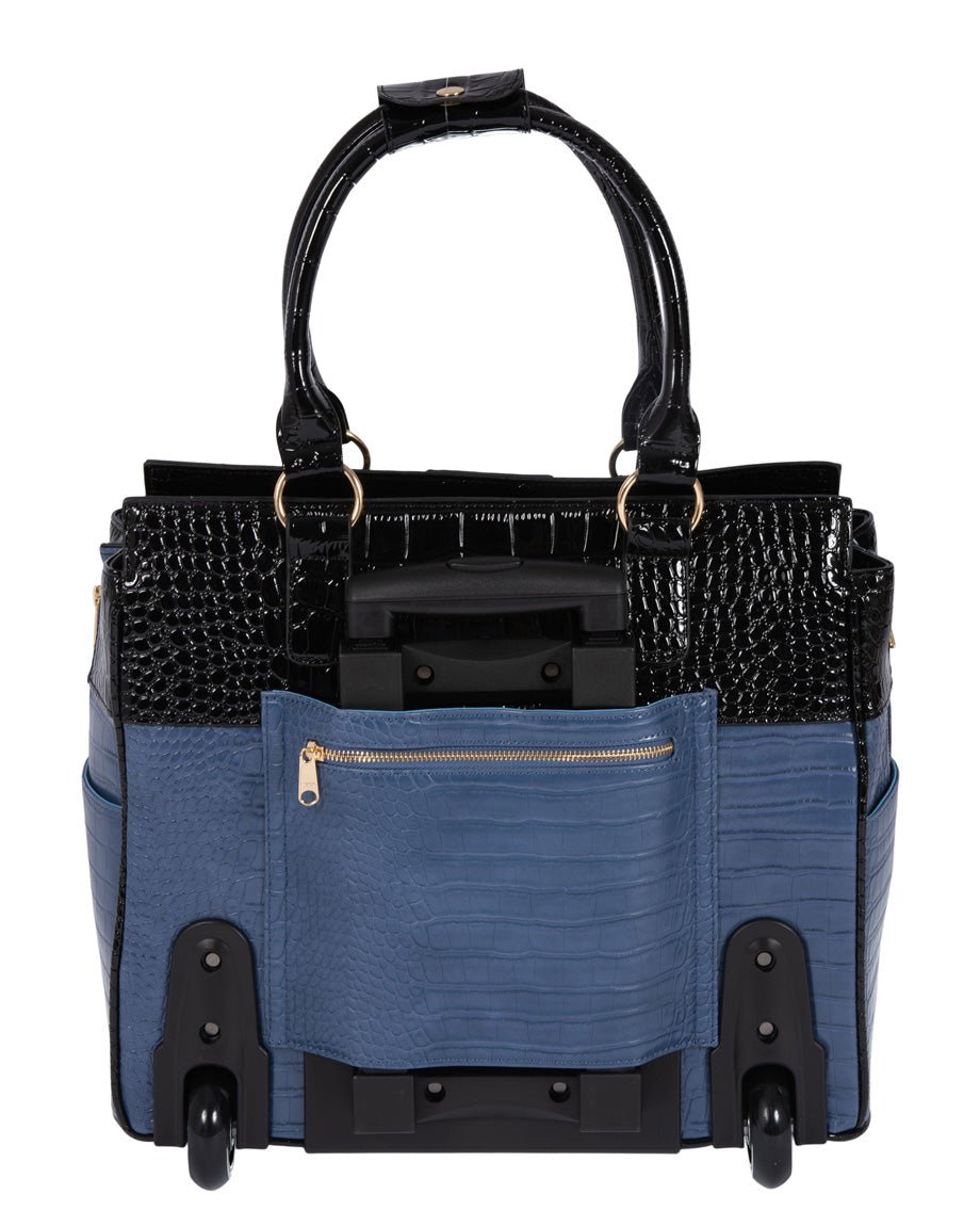 "THE OCEANSIDE" Blue & Black Alligator Rolling Laptop Carryall Trolley Bag - JKM and Company - Custom Rolling Handbags