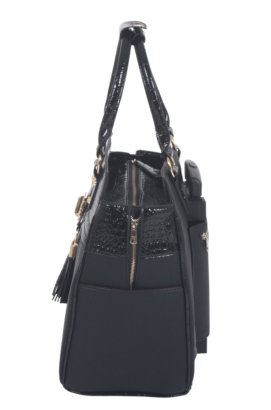 Side view of the black pebble and alligator work bag with wheels and attached laptop sleeve. The bag has multiple interior pockets as well as two outside side pockets as shown in this photo.